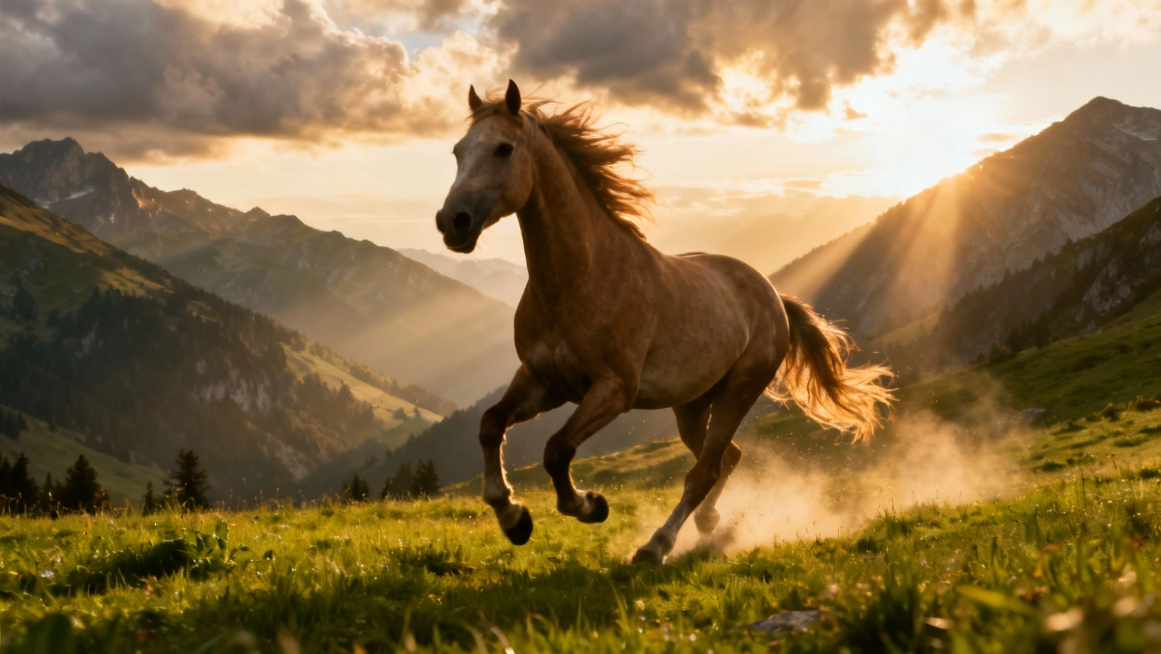 Cheval au galop dans une prairie alpine au coucher du soleil