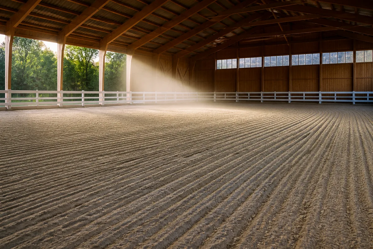 Manège couvert d’un club équestre savoyard, sol de sable clair et lumière rasante