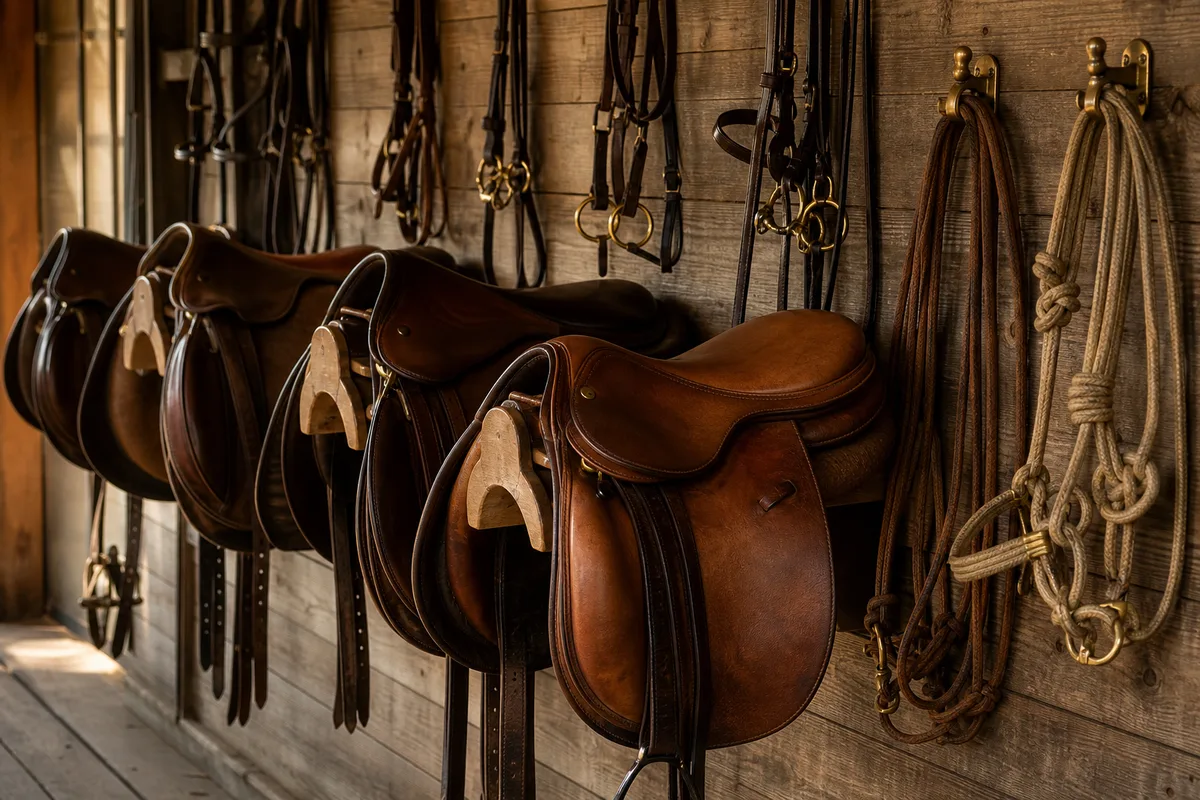Cavalière préparant sa selle dans une sellerie de club, cuirs alignés au mur