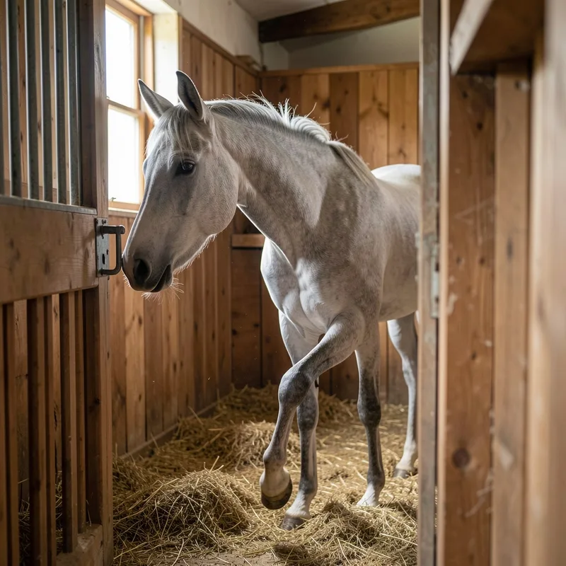 Cheval au box qui se regarde le flanc, signe précoce de colique