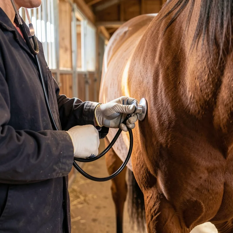 Vétérinaire équin auscultant l&rsquo;abdomen d&rsquo;un cheval au stéthoscope