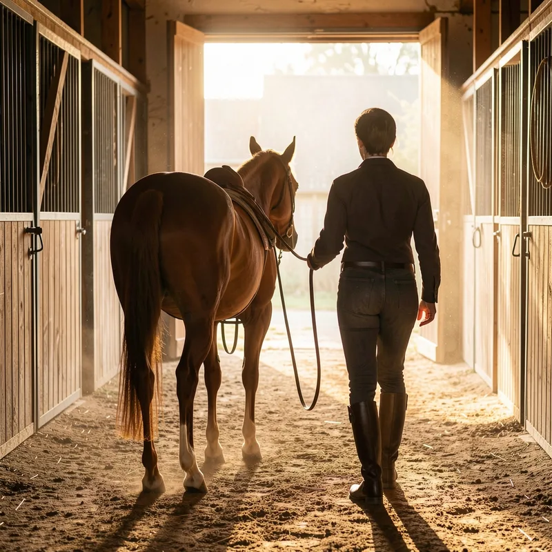 Main tenant un chronomètre près d&rsquo;un cheval marché en main dans une allée d&rsquo;écurie
