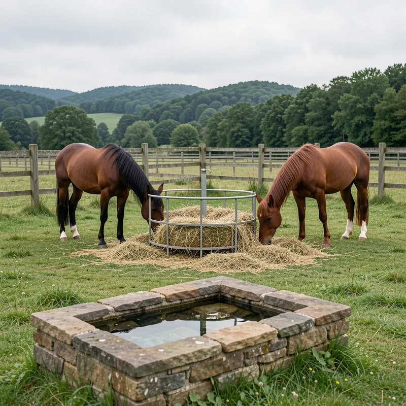 Chevaux au pré autour d&rsquo;un râtelier de foin, ration fractionnée et abreuvoir propre