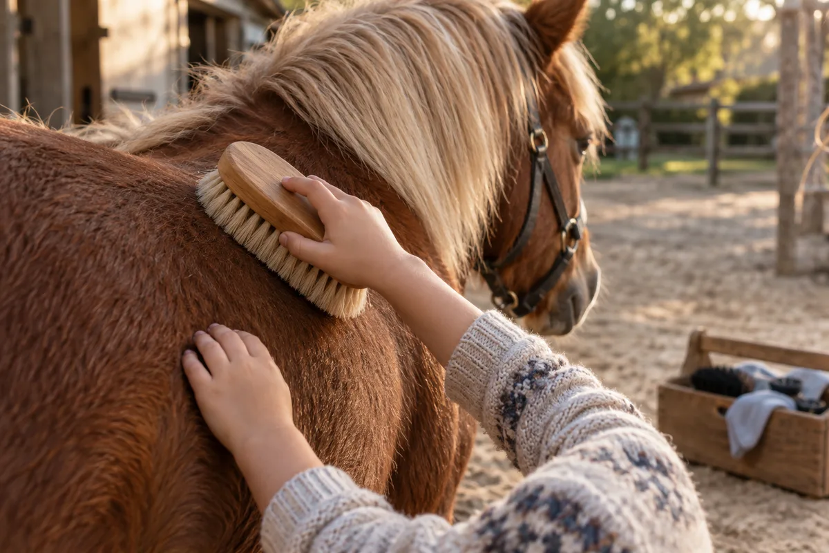 Mains d&rsquo;enfant qui brossent la robe d&rsquo;un poney dans une cour d&rsquo;écurie