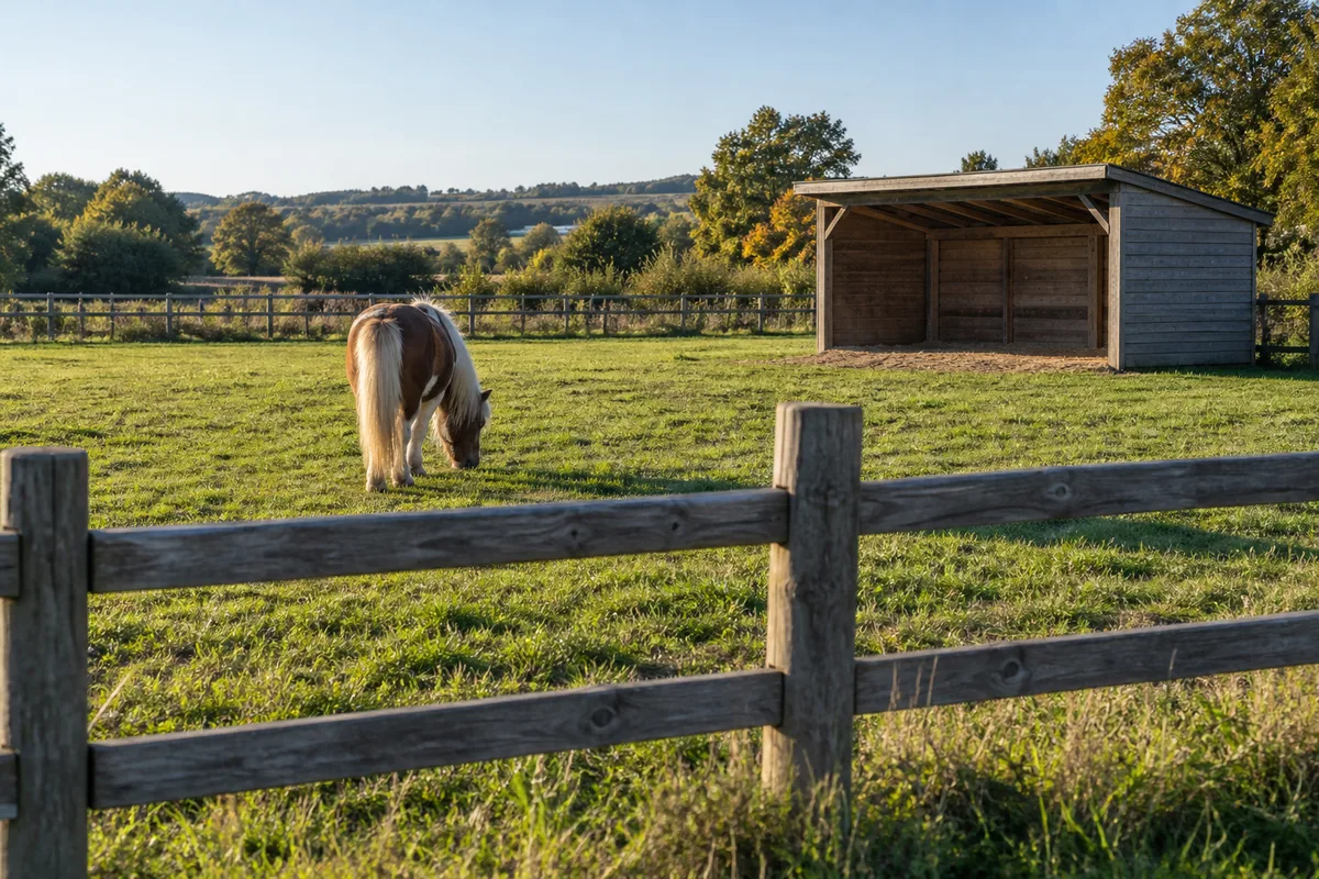 Poney au pré derrière une clôture de bois, abri ouvert en arrière-plan
