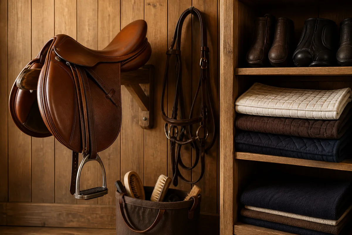 Selle, filet et protections rangés dans la sellerie d&rsquo;une écurie