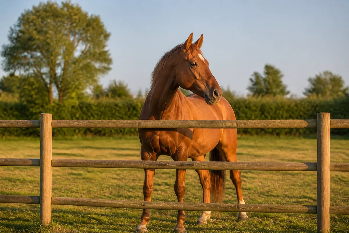 Cheval au pré derrière une clôture de bois en fin de journée