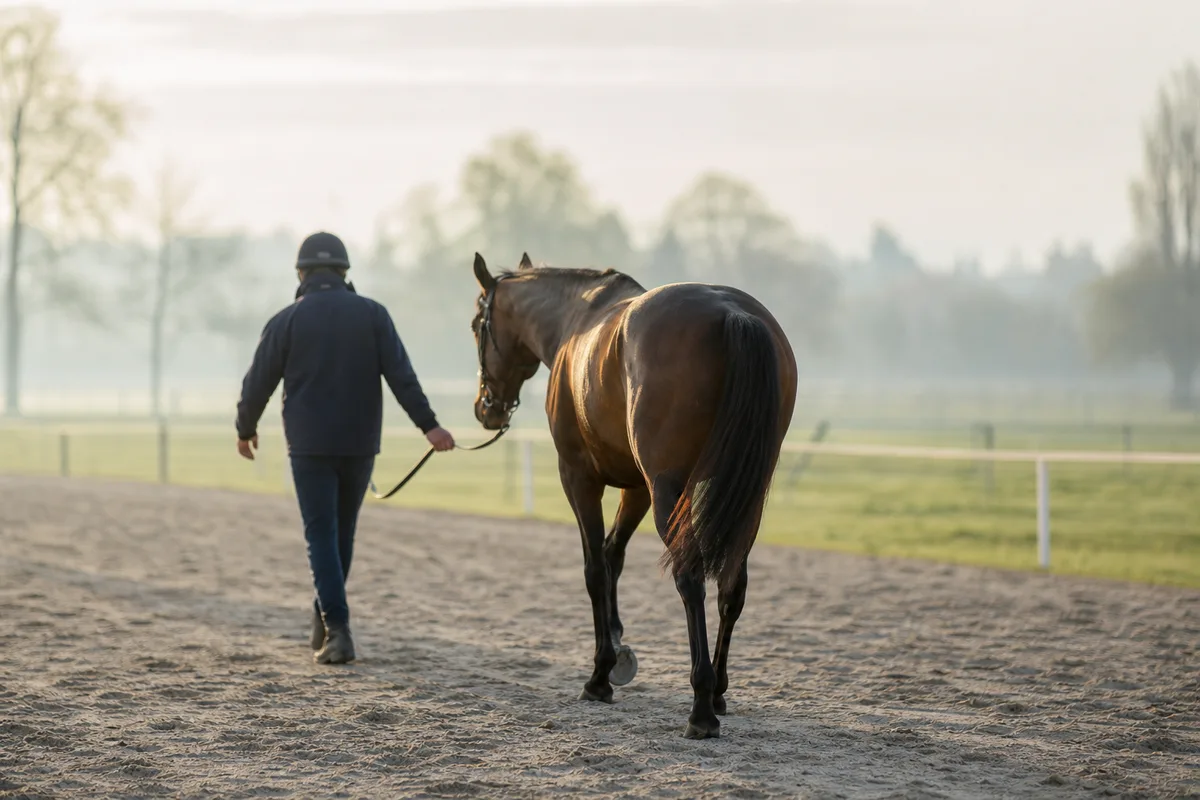 Cavalier qui mène un cheval de trot sur une piste d’entraînement en région parisienne