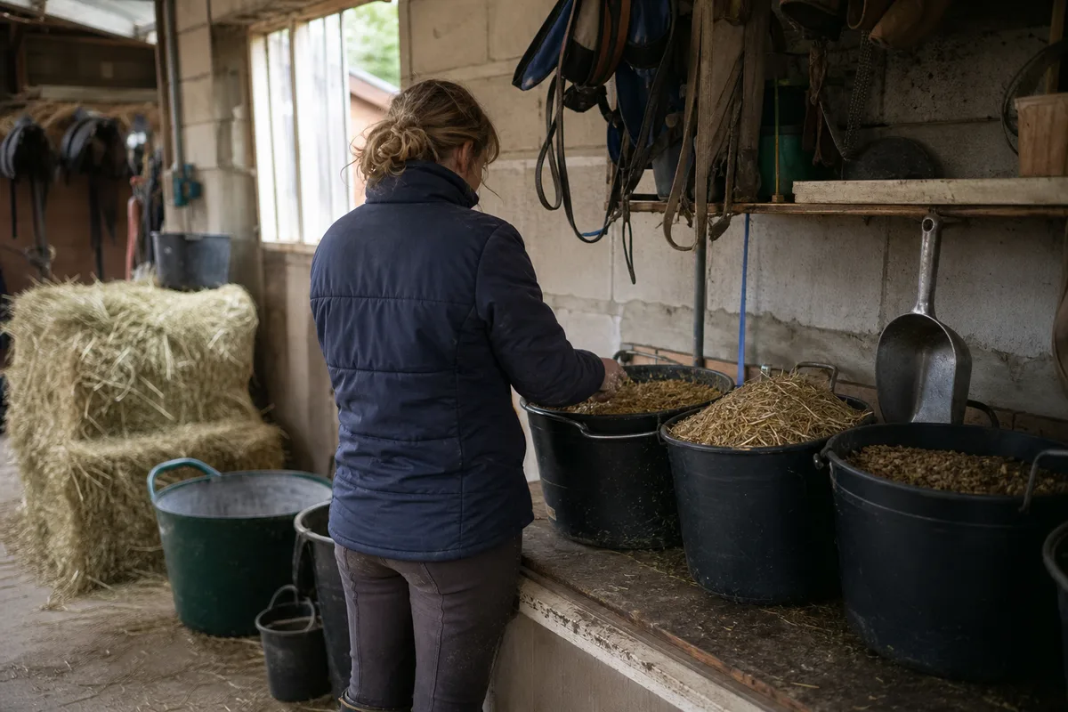 Palefrenier qui prépare l’alimentation des chevaux dans une écurie francilienne