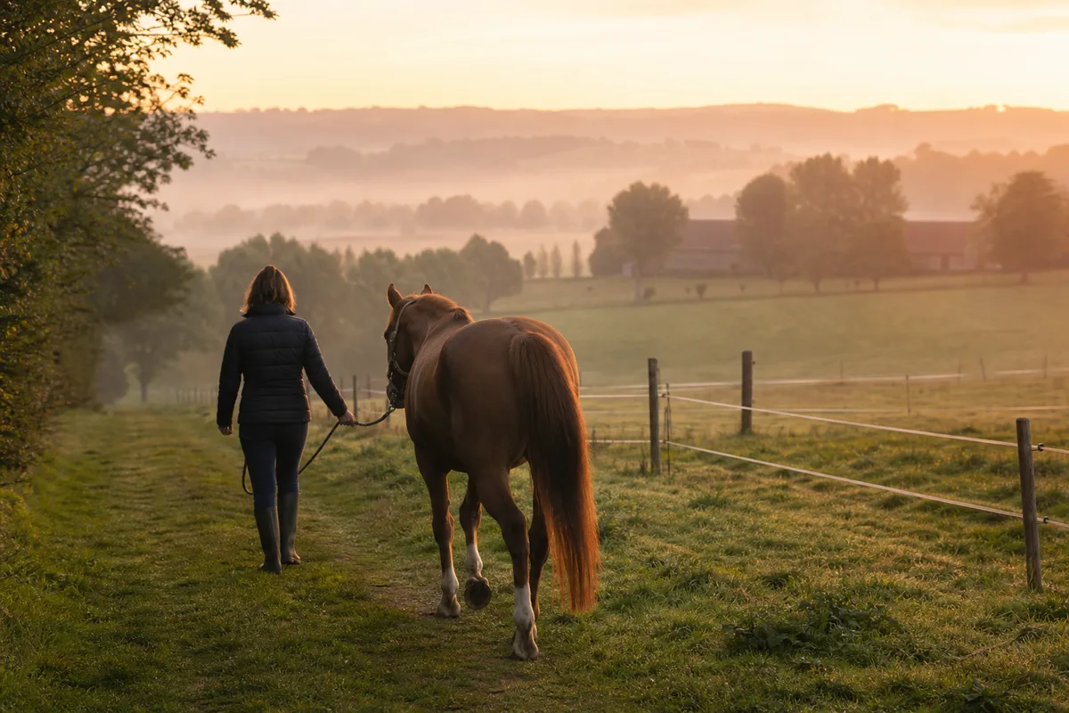 Cavalière menant un cheval en licol vers un pré clôturé au lever du jour
