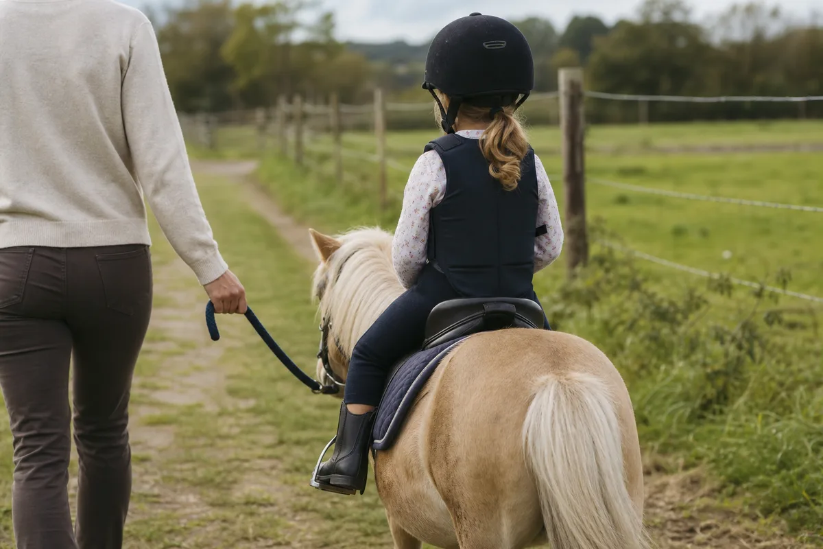Enfant à poney tenu en main par un adulte sur un chemin de campagne