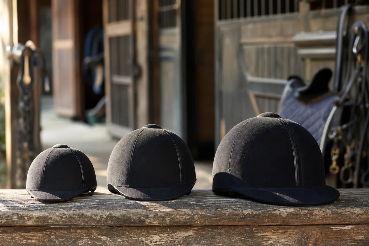Casques d&rsquo;équitation alignés sur une barrière en bois d&rsquo;écurie