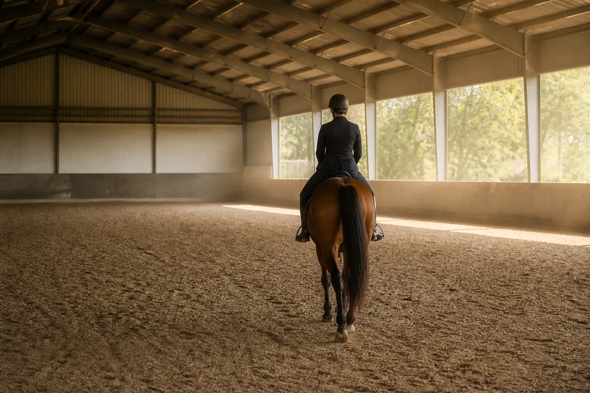 Cavalier de dos travaillant sa posture dans un manège vide