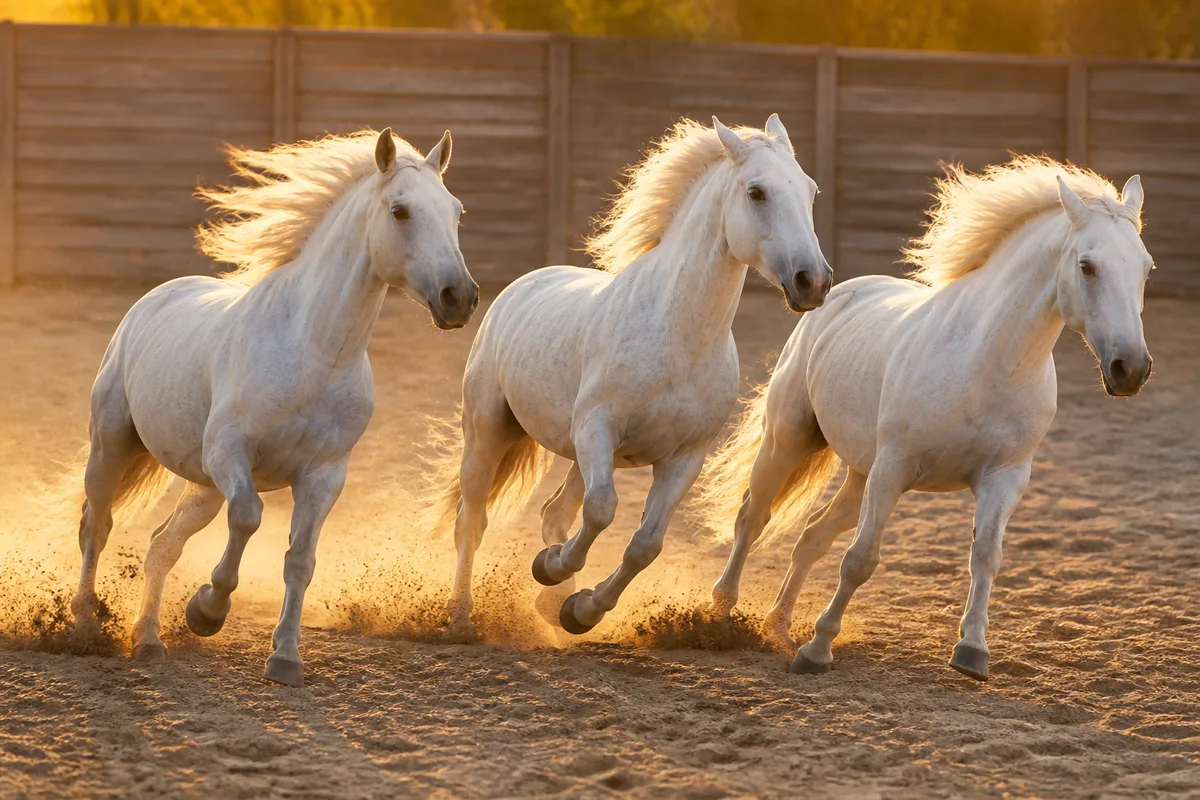 Chevaux blancs au galop dans une arène de plein air en fin de journée