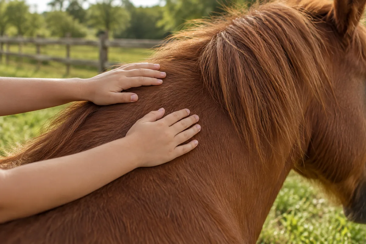 Mains d&rsquo;enfant posées sur l&rsquo;encolure d&rsquo;un poney à la robe unie