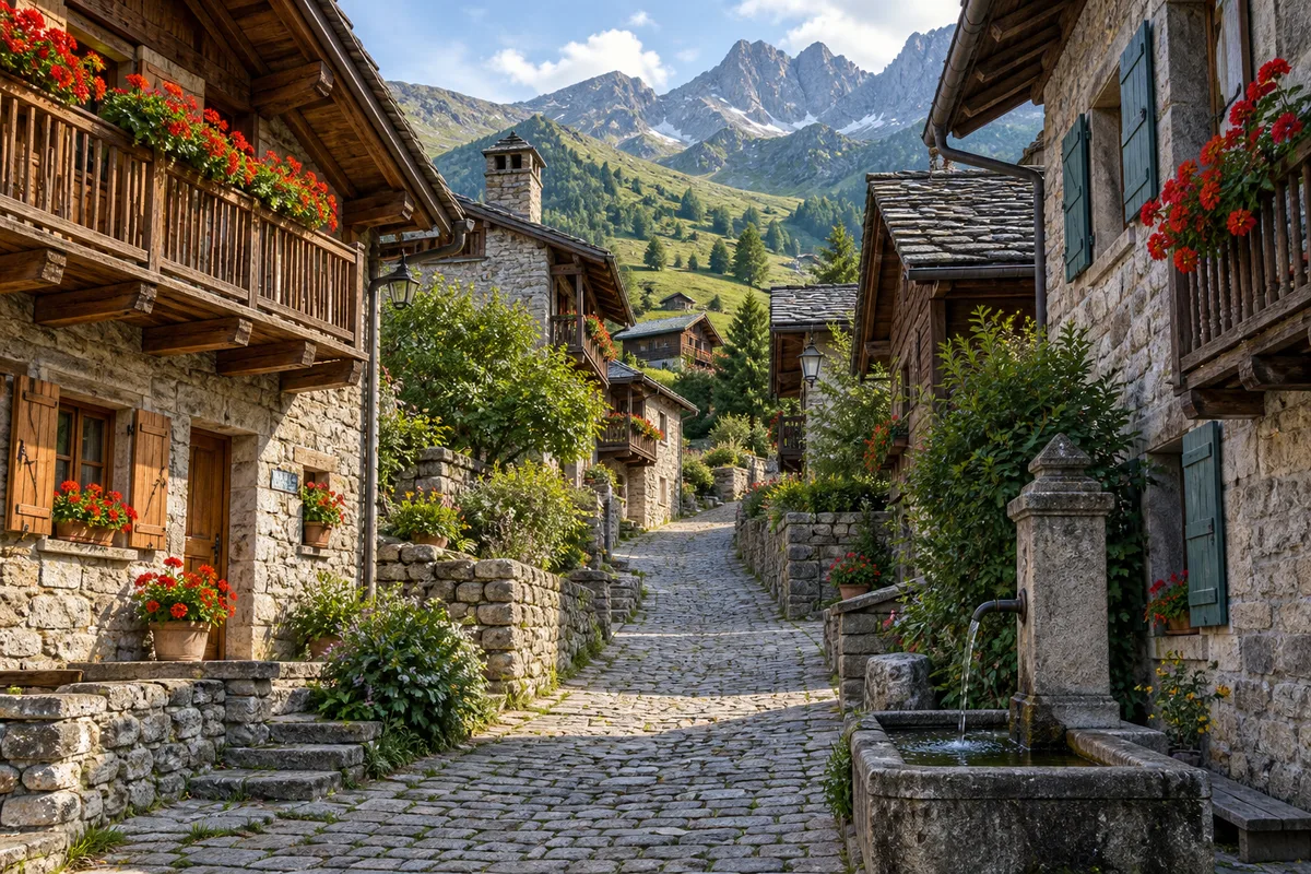 Rue piétonne d&rsquo;un village savoyard avec chalets aux balcons fleuris