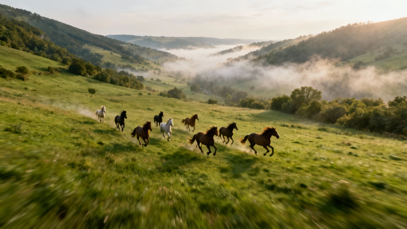 Troupeau de chevaux galopant dans une vallee verdoyante